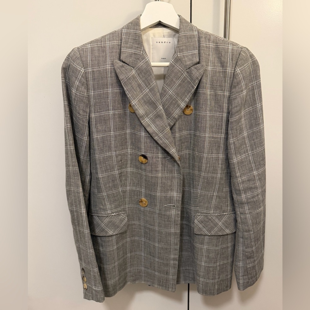 Sandro Gray Plaid Double-Breasted Blazer with Tortoiseshell Buttons